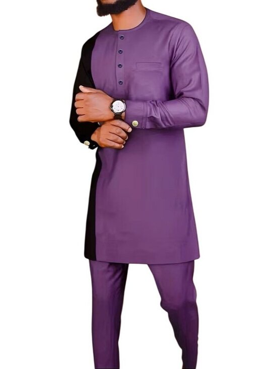 African Formal Dashiki Vibrant Purple Shirt & Pant Suit Traditional Dress Outfit - Picture 1 of 7